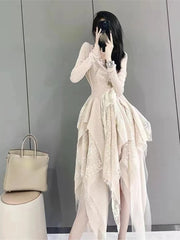 French Elegant Women's Vintage Dress Autumn Winter New Irregular Lace Splicing Evening Long Bridesmaid Party Dress