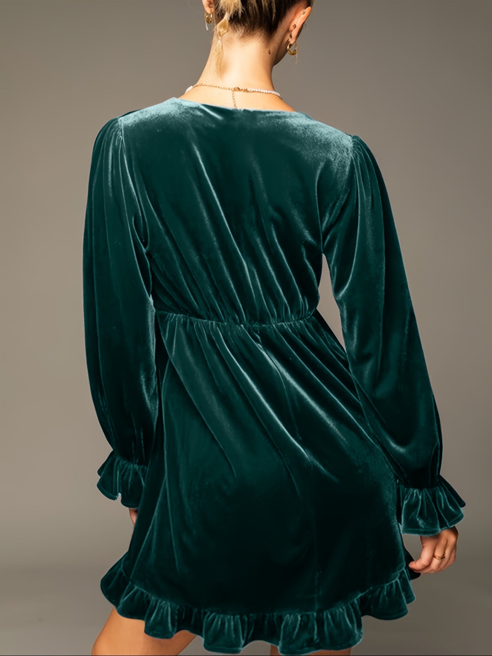V Neck Velvet Dress For Women Long Sleeve Ruffle Midi Dress Wedding Party Dress With Pockets
