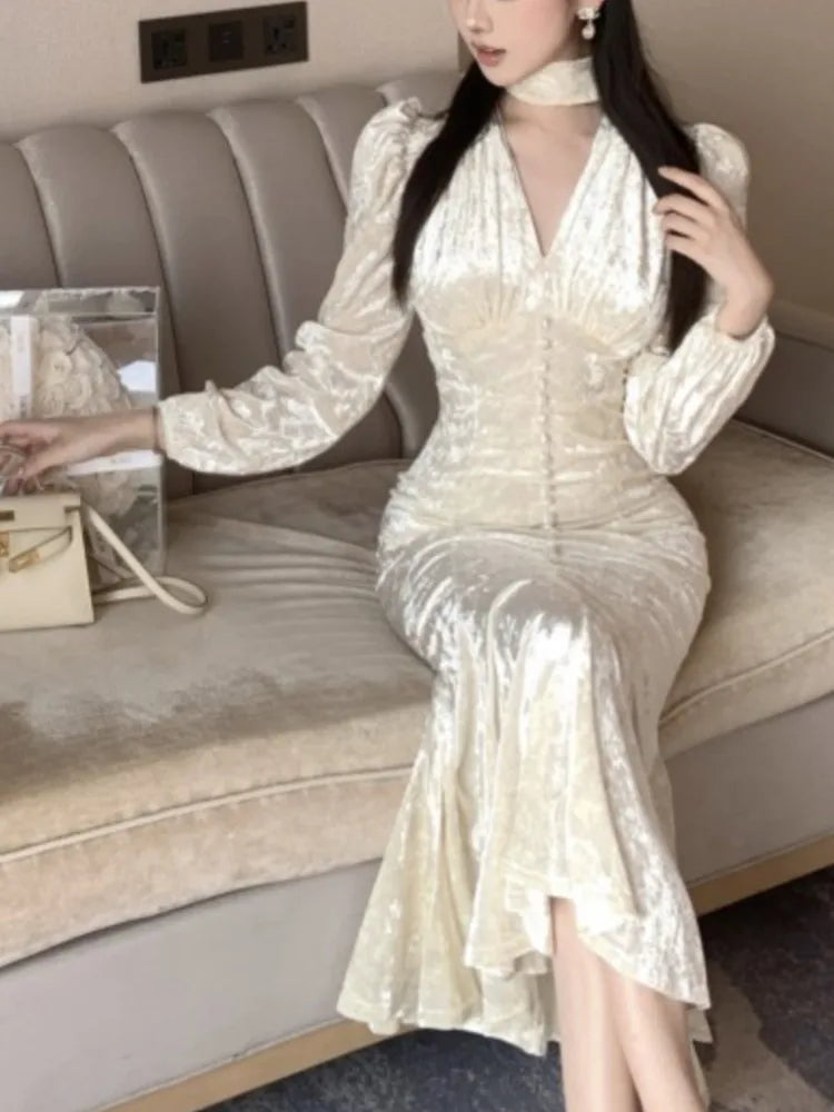 Elegant Sexy V-neck Fishtail Midi Dresses for Women Autumn Vintage Fashion Evening Party Slim Dress Female Clothing Robe