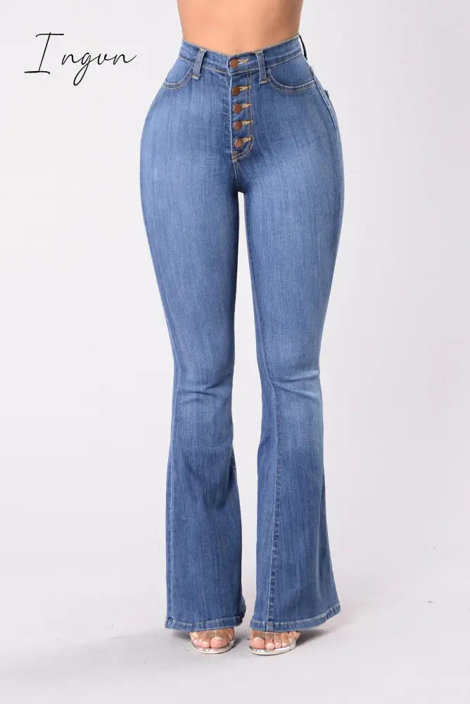 Ingvn - High Waist Flare Jeans for Women Summer 2023 Skinny Bell Bottom Jean Pants Woman Button Lady Sexy Push Up Denim Trousers Spring