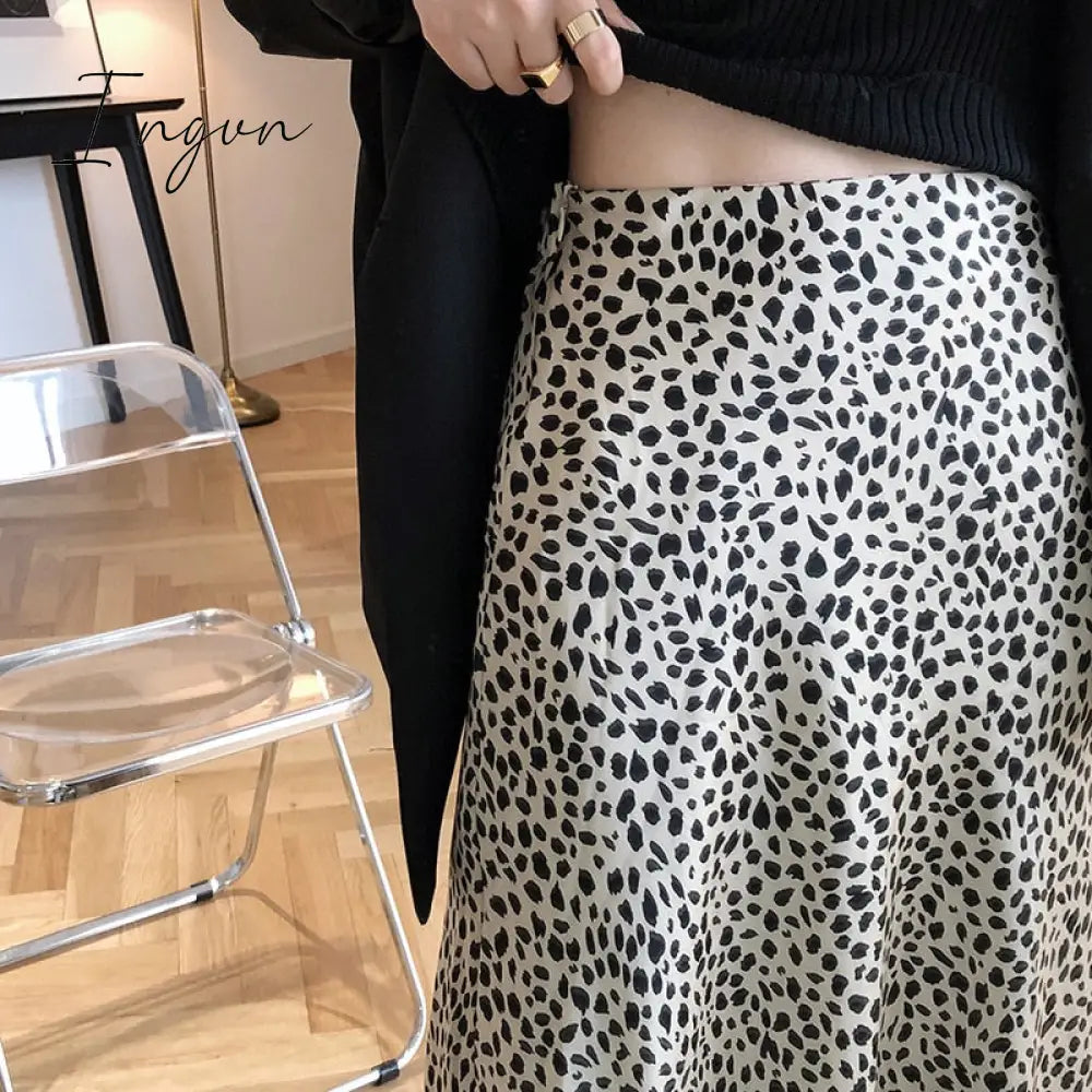 Ingvn - Satin Leopard-print Skirt Female 2023 Summer High Waist Hip-covered Fish Tail A- Line Skirt