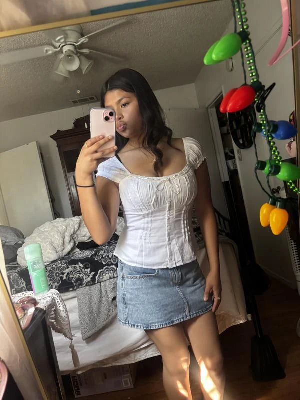 Folds Lace-up T-shirt Blouse Women Summer Lace Trim Square Collar Elastic Waist Short Sleeve Slim Tee Shirt Cotton T-shirt Y2k