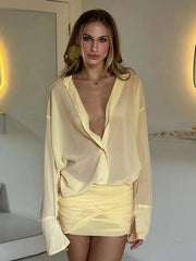 Sexy Long Sleeve Turn-down Colla Bag Hip Strap Shirt Dress For Women See Through Patchwork High Waist Dress Streetwear