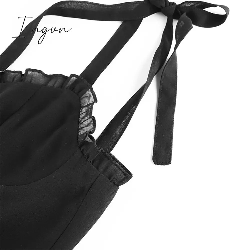 Ingvn - Sweetown Dark Academia Gothic Dresses Women Chiffon Ruffles Black E Girl Clothes Sleeveless V Neck Lace Up Mini Dress Summer