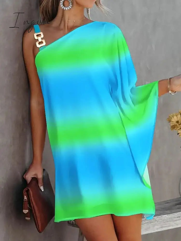 Ingvn - Sexy One-Shoulder Long Sleeve Party Dress Spring Vintage Halter Loose Irregular Dress Elegant Women Print Ruffle Dresses Vestido