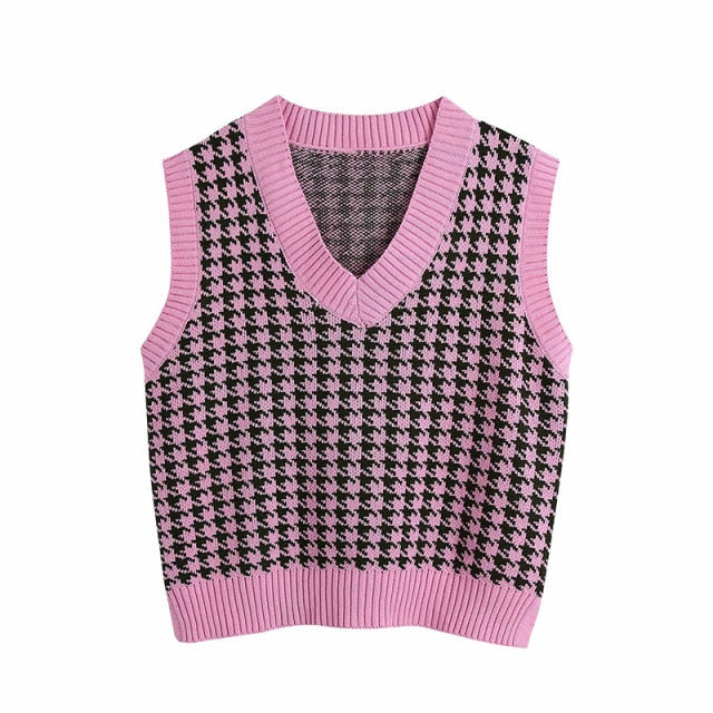 Women  Fashion Oversized Houndstooth Knitted Vest Sweater Vintage Sleeveless Side Vents Female Waistcoat Chic Tops