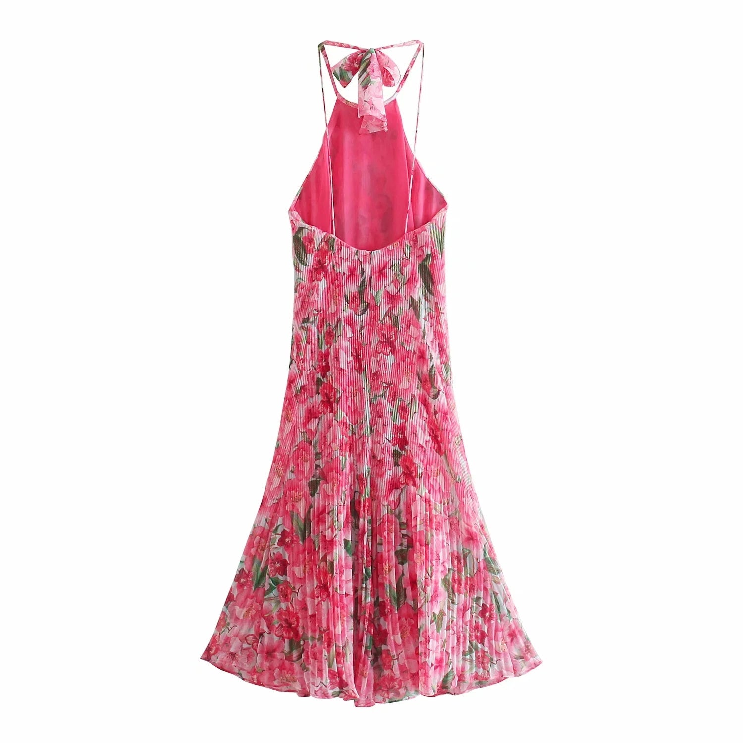 Sleevelss Halter Maxi Summer Dress for Women Sexy Backless Beach Pink Boho Robe Femme  Lace Up Sundress Floral Dress