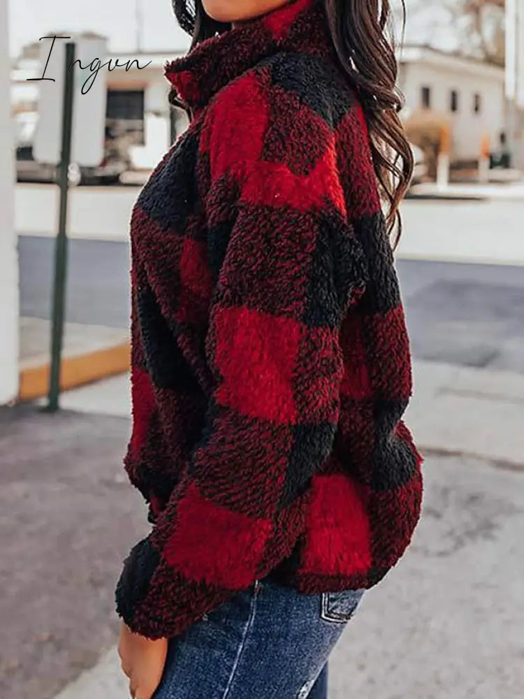 Ingvn - Women's Sweatshirt Pullover Fuzzy Teddy Quarter Zip Red Khaki Plaid Casual V Neck Long Sleeve Fleece Top Micro-elastic Fall & Winter
