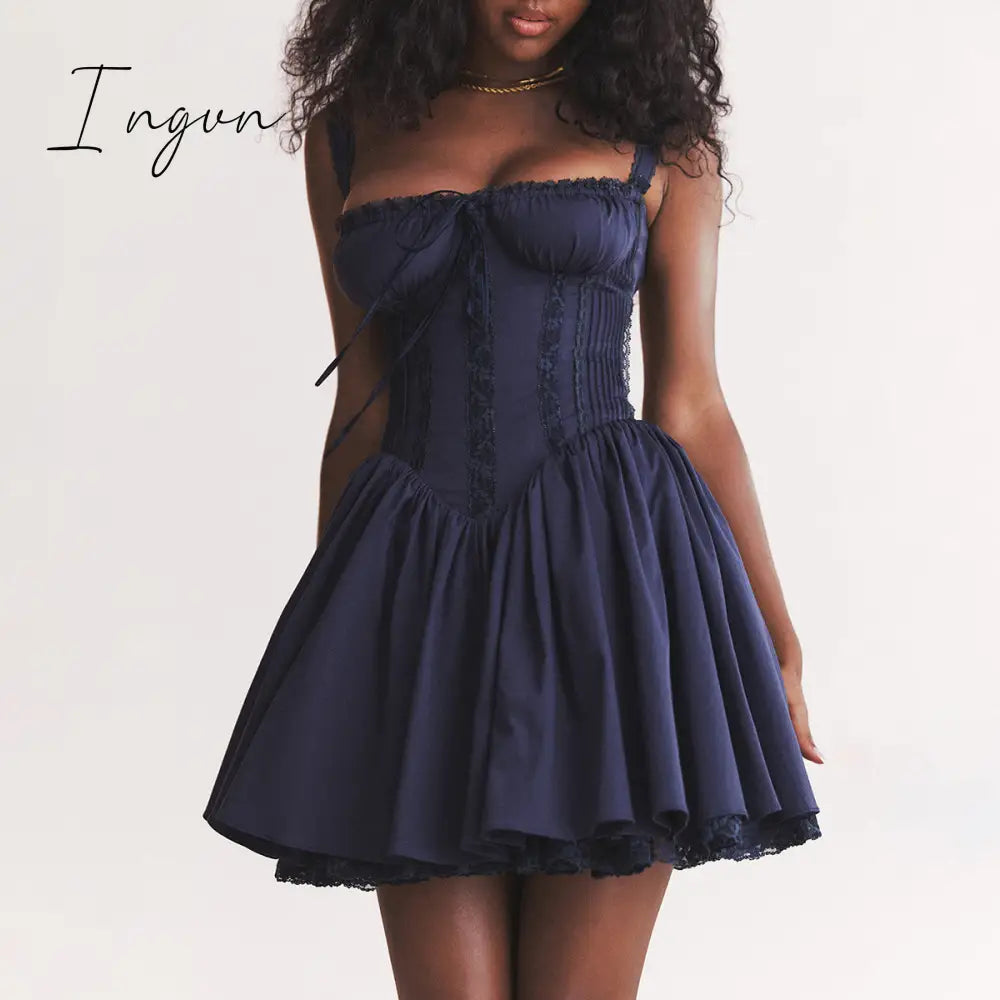 Ingvn - White A Line Party Dresses Women Mini Elegant Lace Up Holiday Dress Casual Spaghetti Strap Summer Women Clothing 2023