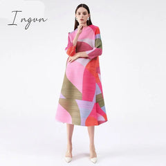 Ingvn - Pleated Dress Women Hit Color Geometric With Belt Sashes Over Size Long Sweet Casual New Spring Fashion Tide
