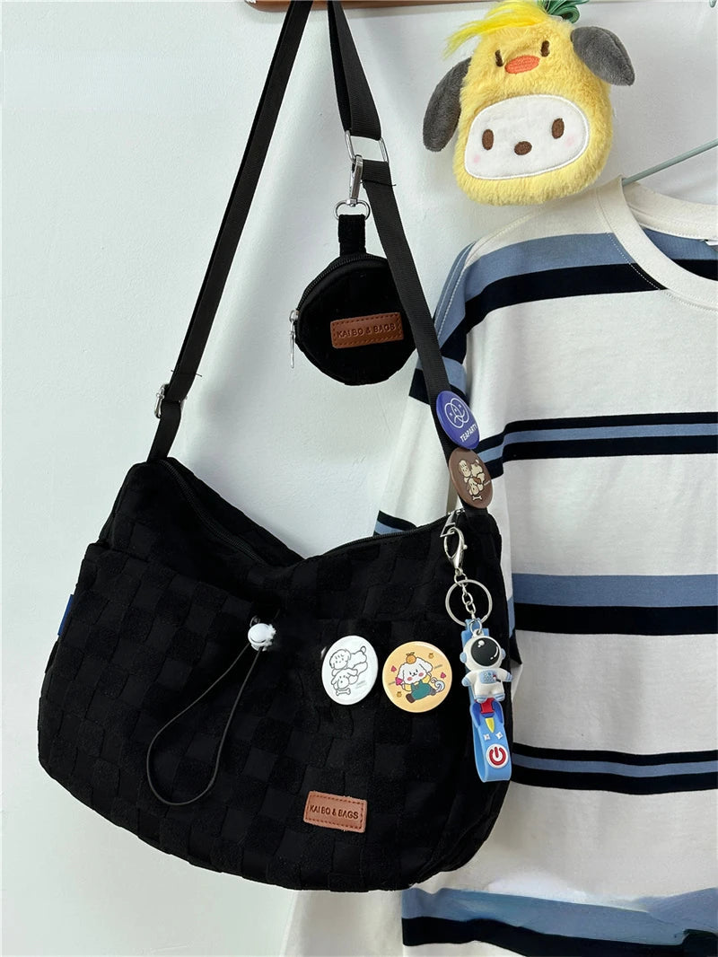 INGVN  Harajuku Style College Crossbody Bag Solid Color Plaid Print Large Capacity Shoulder Bag New Cute Fashion Designer Handbag