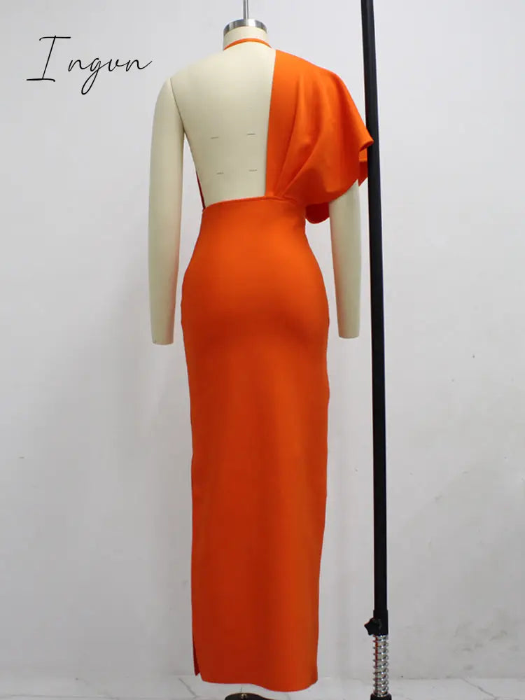 Ingvn - 2023 Fashion Trends Draped Backless Women Side Split Evening Club Party Dress New Sexy V Neck Orange Black Long Bandage Dress Vestidos