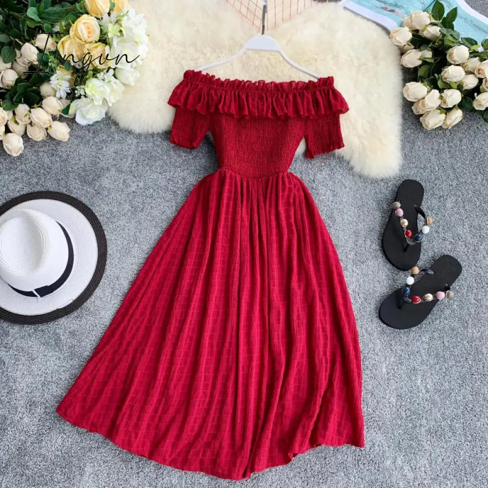 Ingvn - OCEANLOVE Women Summer Dresses Plaid Slash Neck Off Shouder Solid Vestidos Ruffles A-line High Waist Dress Robe Femme 11767