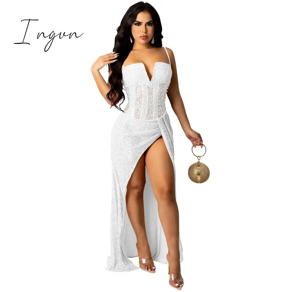 Ingvn - Sheer Mesh Diamonds Sequined Pearls High Split Long Dress For Women Straps Bodycon Long Vestidos Night Party Rhinestone Outfits