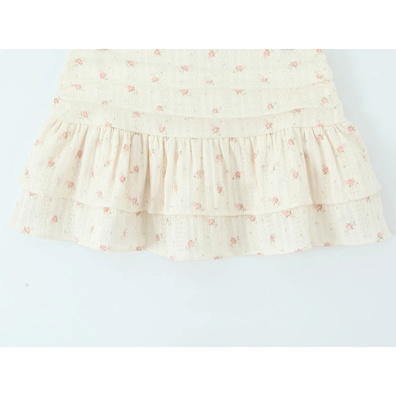 Sweet Girl Floral Print Layer Cake Mini Skirt Women Pleated Sexy Low Waist A-line Holiday Summer Skirts
