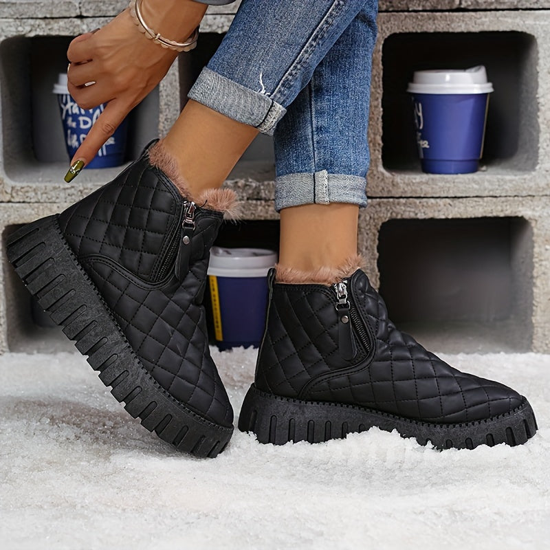 1pr Winter Warm Fleece-Lined Ankle Boots for Women - Casual Solid Color Round Toe Zippered Comfort Boots with Low Platform Heel, Non-Slip Rubber Sole, Fabric Insole - PU Upper, Fabric Lining - Thick Warm Snow Boots
