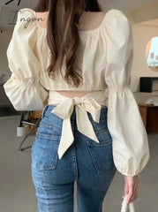 Ingvn - Elegant Blouse Women Spring Summer 2023 New French Style Square Collar Puff Sleeve Chic Shirts Ladies Casual Crop Top
