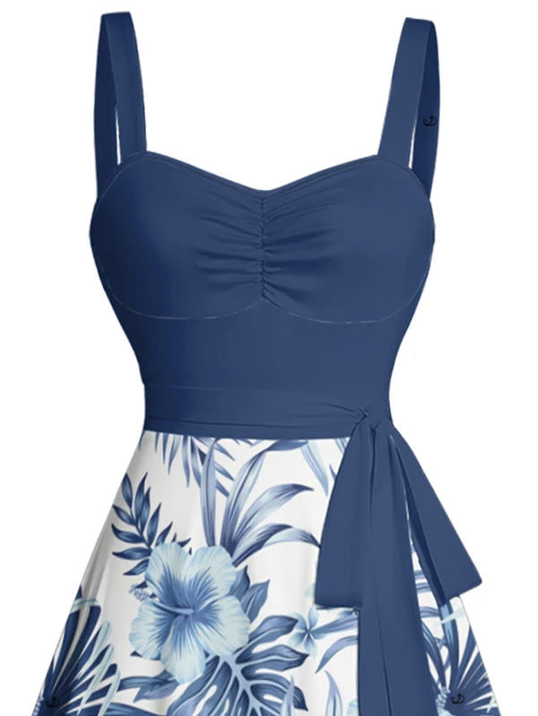 Women's Summer Dresses 2025 Vacation Tropical Flower Leaf Print Belted Mini Dress Sleeveless Beach Dress