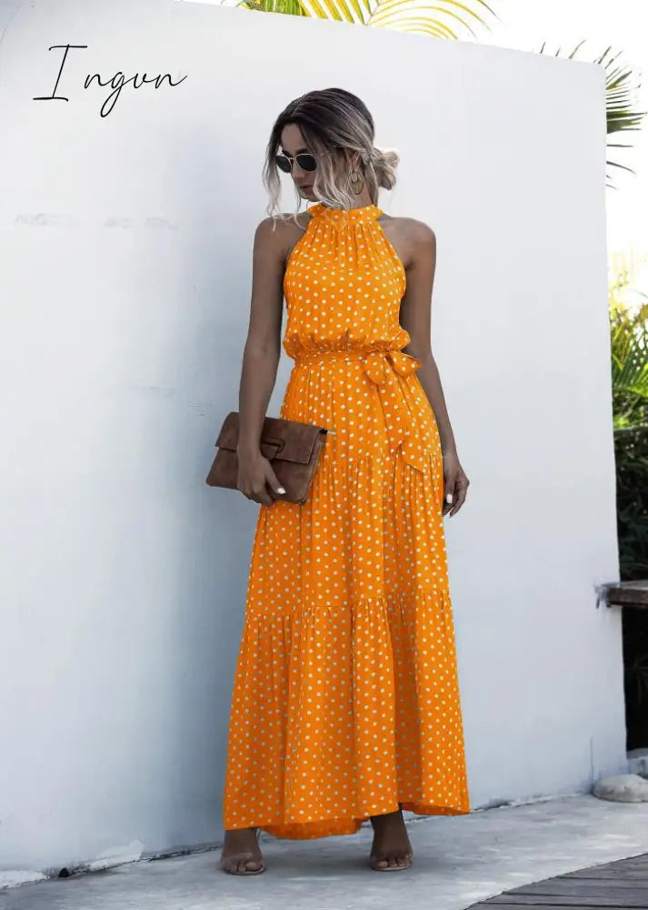 Ingvn - Summer Elegant  beach Women Dress long Print Flowers Polka-dot strap Ladies Halter boho Dress Vintage party ladies Dress