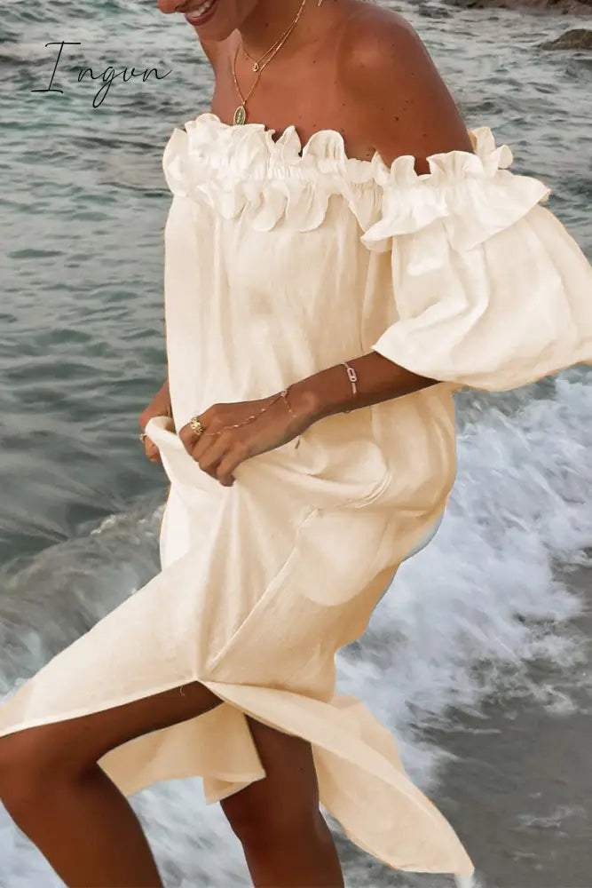 Ingvn - Sexy Solid Slit Fold Off the Shoulder Beach Dresses