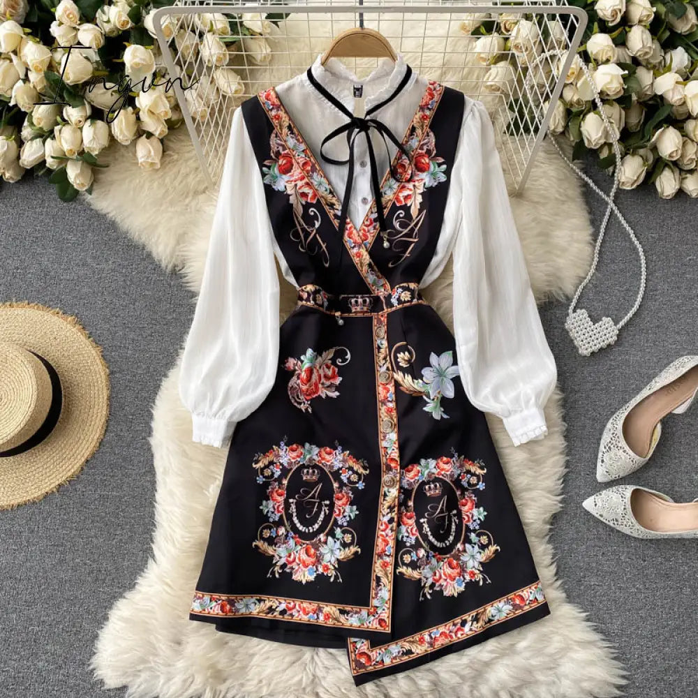 Ingvn - Spring Autumn Elegant 2 Piece Set Overalls Dress Women Bow Collar White Shirt Top+ Irregular Flower Print V-Neck Vest Dress