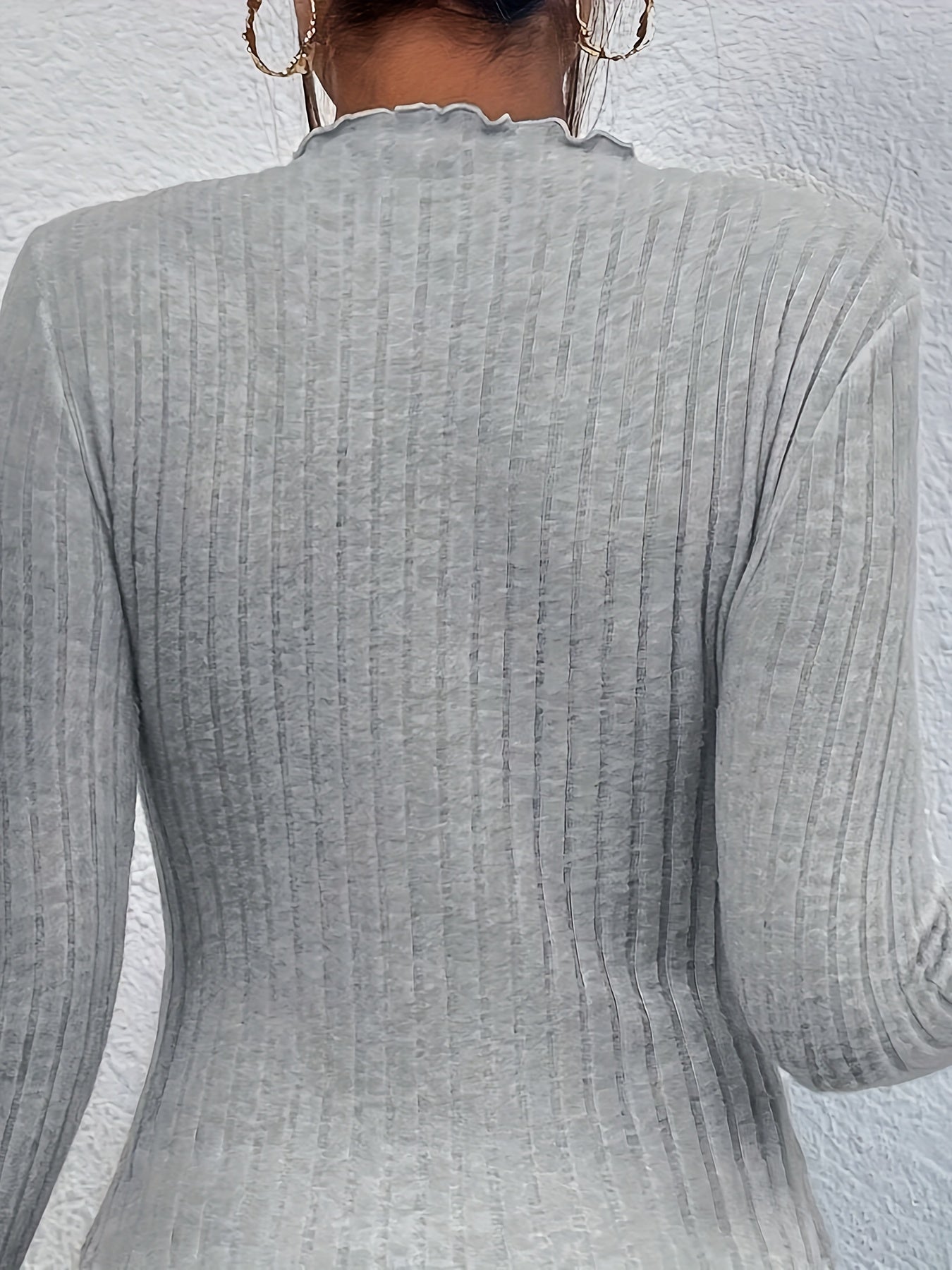 Women's Ribbed Knit Long Sleeve Top, Textured Ruffle Trim, Solid Color, Polyester, Elegant Turtleneck, Stretchy Fabric, Regular Fit, Sleeve Length, Autumn/Winter, T-Shirt Style
