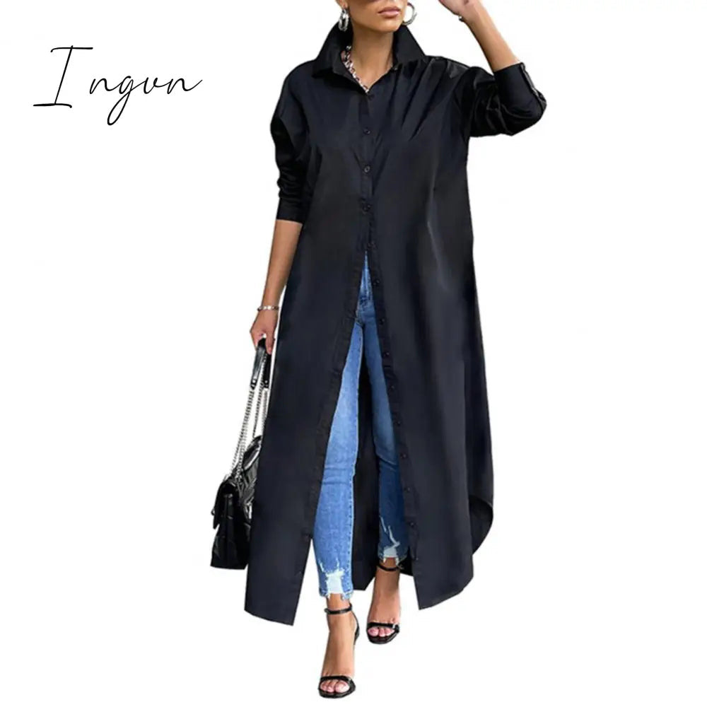 Ingvn - Women Shirt Windproof Shirt Dress Versatile Arc Hem  Stylish Autumn Winter Solid Color Shirt Long Dress