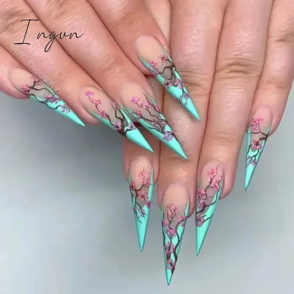 24Pcs False Nails With Glue Almond Pink Butterfly Design Detachable Rhinestones Acrylic Fake Nails long stiletto Press On Nails