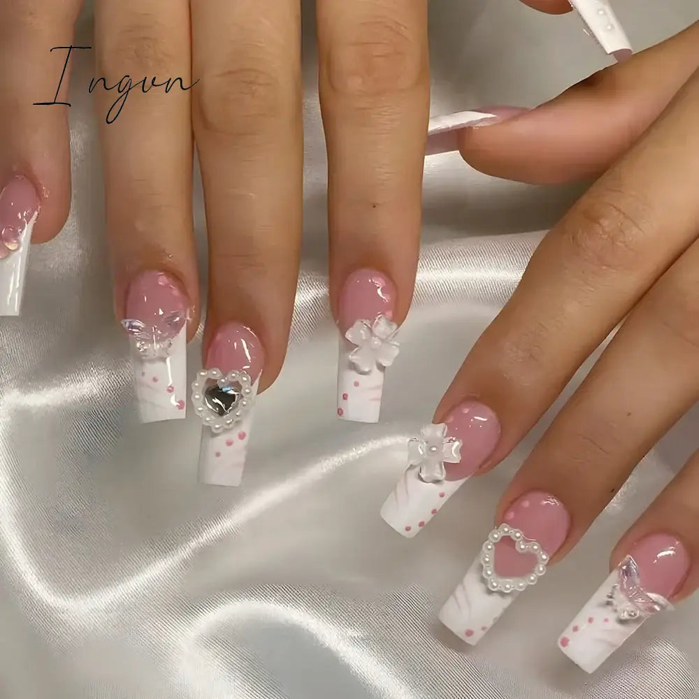 24pcs French rhinstones artifical nails with glue full cover false nails detachable coffin fake nail bling press on nails