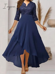 Ingvn - Women‘s Formal Party Dress Maxi long Dress Navy Blue 3/4 Length Sleeve Print Pure Color Ruched Lace Fall Winter V Neck Elegant Fashion Modern 2023 3XL