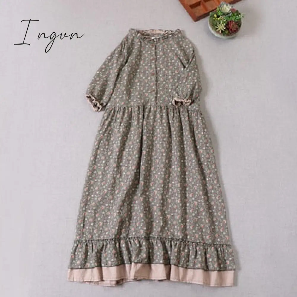 Ingvn - Japanese Mori girl art print dress autumn new floral  dress loose long-sleeved  dress
