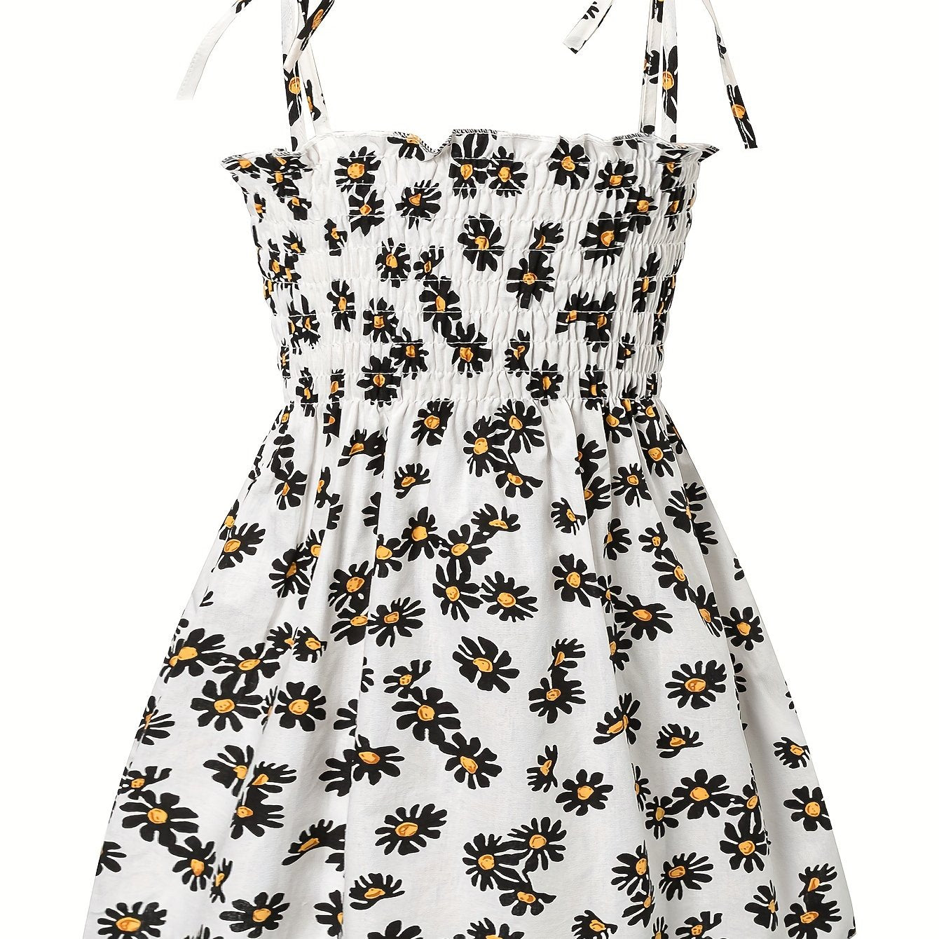 Cotton Little Girls Brief Slip Dress - Shirred, Random Daisy Print, Non-Stretch, Regular Fit, Cute Style - Perfect for Summer Beach Vacation and Outdoor Play
