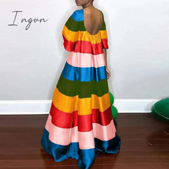 Ingvn - Women Fashion O Neck Backless Maxi Party Dress Rainbow Striped Casual Long Dress Summer Female Short Sleeve Loose Pullover Dress