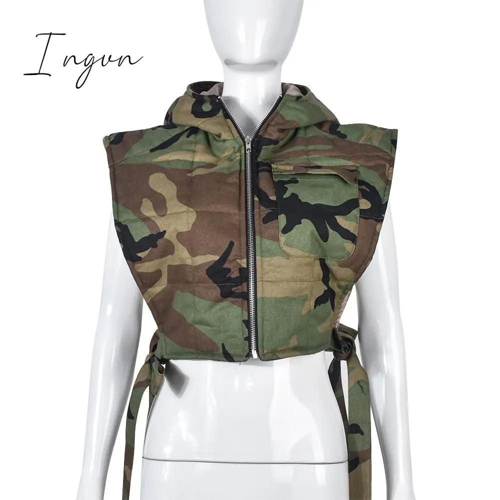 Ingvn - Winter Sleeveless Side Lace Up Vest Jacket Zipper Denim Hoodies Streetwear Women Clothing Fashion Outwear Crop Top