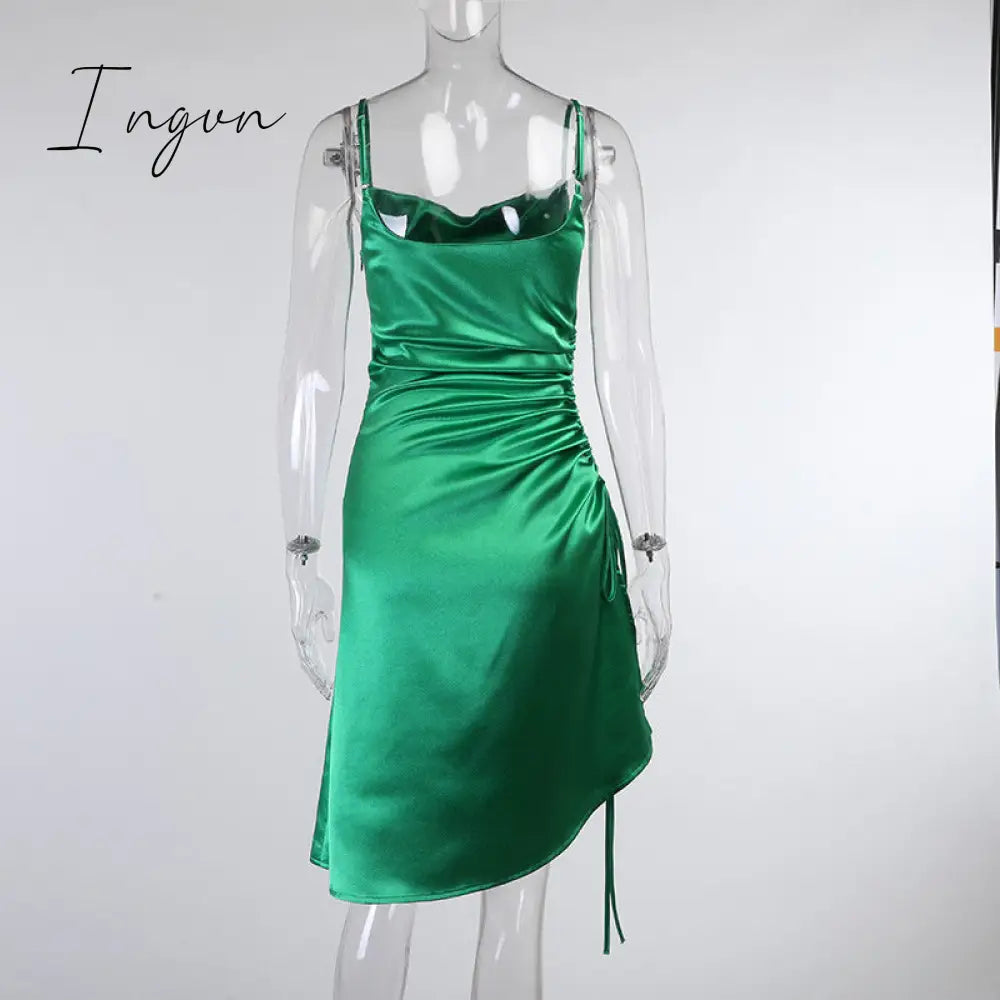 Ingvn - Satin Side Split Ruched Women's Dress Sleeveless Square Collar Party Dresses Solid Elegant Clubwear Evening Vestidos