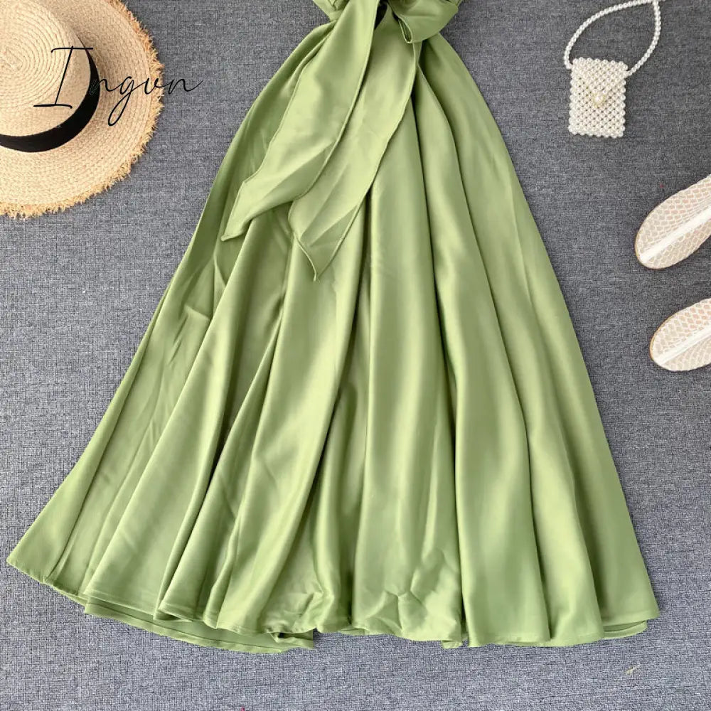 Ingvn - Boho Slim V Neck Summer bandage backless Maxi Long Dress Women Casual spaghetti strap Party Beach Holiday elegant tunic dress