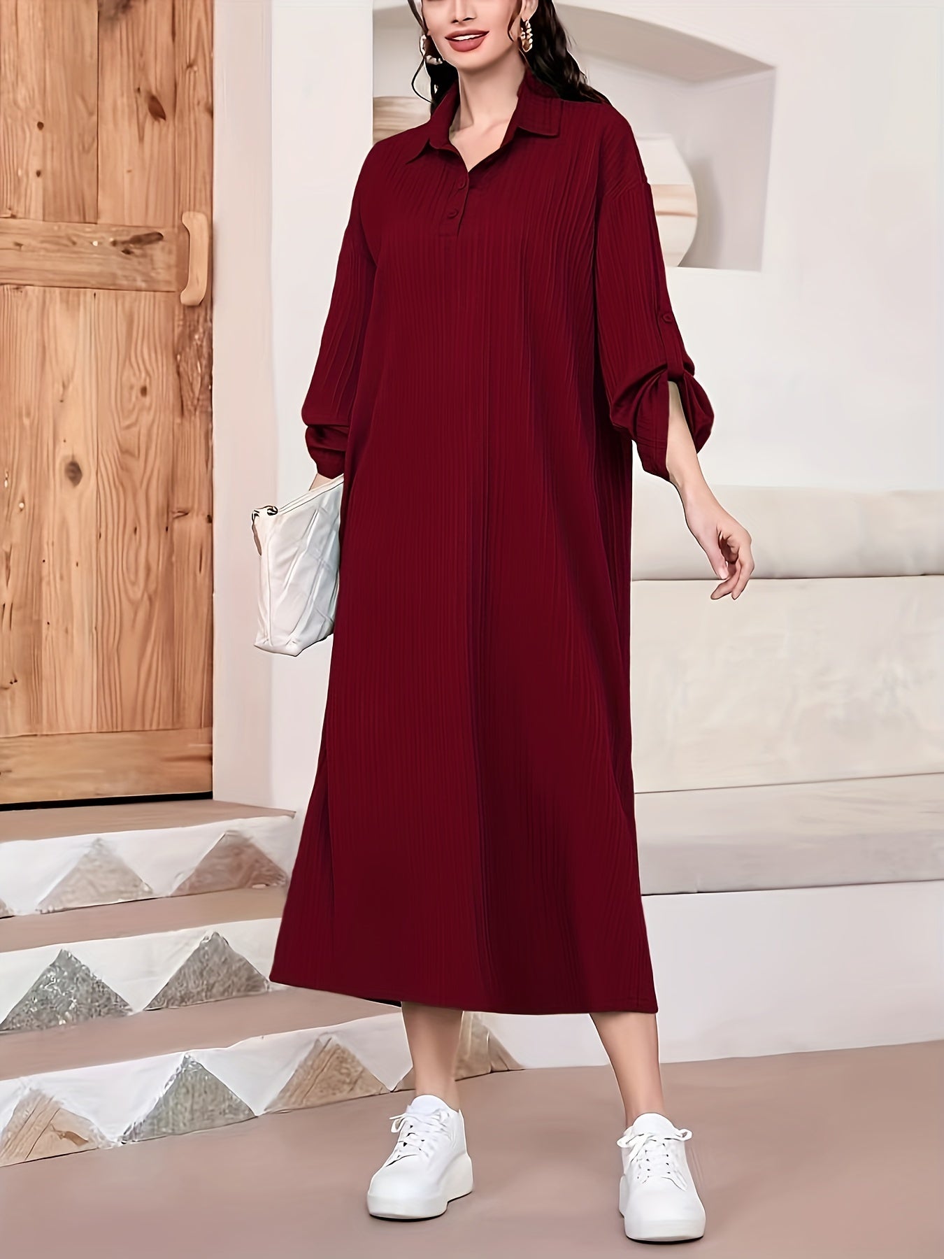 Elegant Women's Solid Textured Half Button Collared Midi Dress with Adjustable Long Sleeves for Spring & Fall