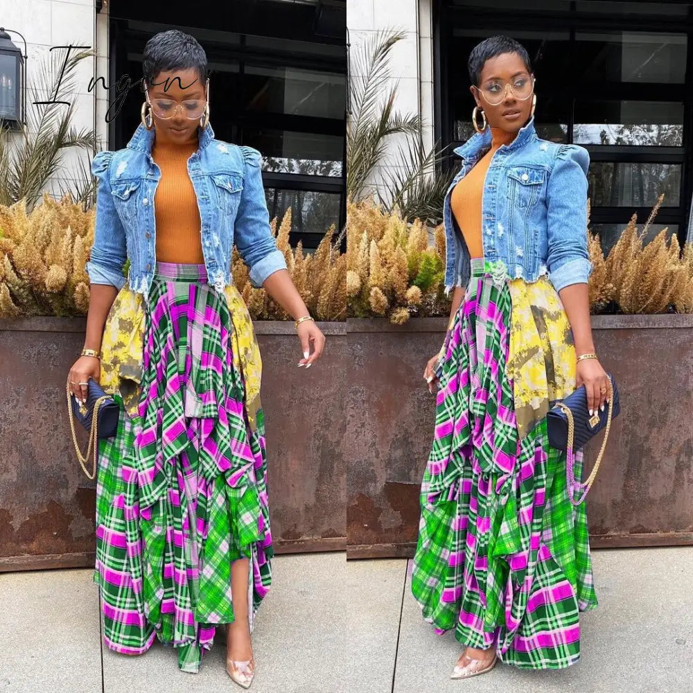 Ingvn - Womens Fashion Ladies Fashion Stitching Printed Plaid Young Fashion Casual Bohemian Super Loose Multicolor Skirt