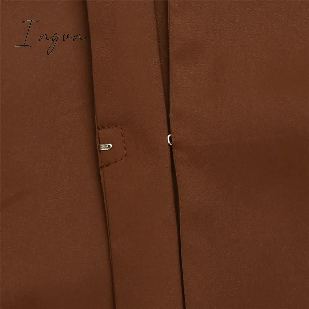 Ingvn - Turn-down Collar Button Women Two Piece Set Brown Long Sleeve Top High Waist Skirt Women Autumn Sexy Slim Office Outfits