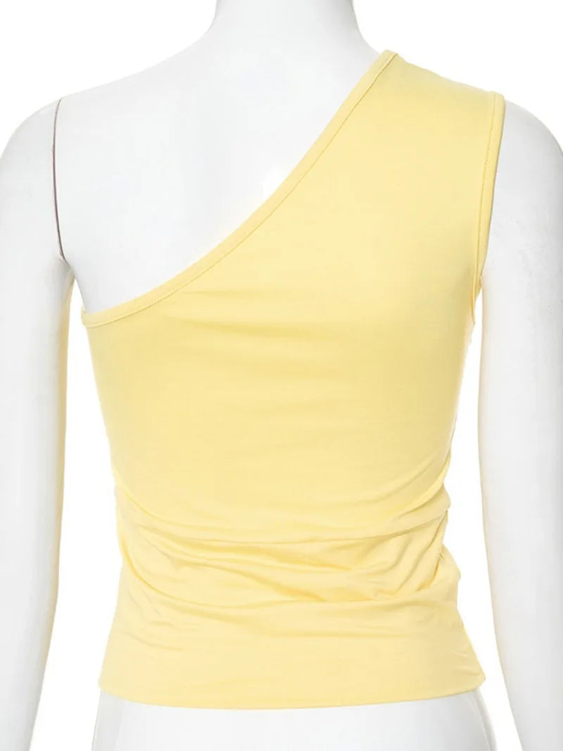 Ingvn  Yellow Tank Tops Women's Summer One Shoulder Sleeveless Short T-shirt Y2K Streetwear  Fashion Diagonal Collar Slim Crop Top