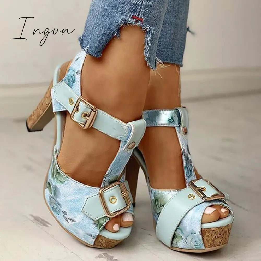 Ingvn - Flower Print Peep Toe Platform Chunky Heels