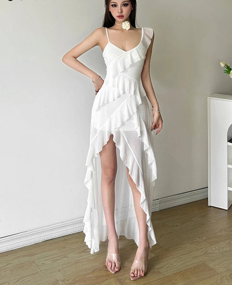 White Sweet Gentle Mature Ruffles Beautiful Summer Street Out Women'S Thin Perspective Tassel Design Long Sling Dress