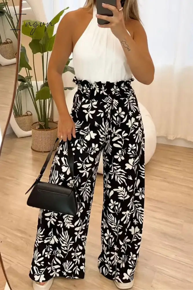 Ingvn - Casual Vintage Floral Loose High Waist Wide Leg Full Print Bottoms