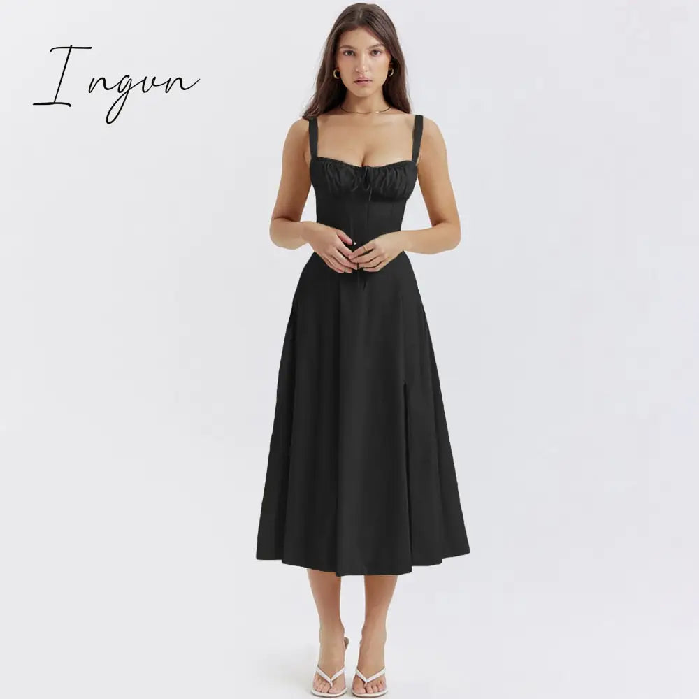 Ingvn - suninheart Elegant  A Line Midi Dress Sexy Spaghetti Strap Lace Up Red Holiday Party Dresses Split Summer Dresses Women 2023