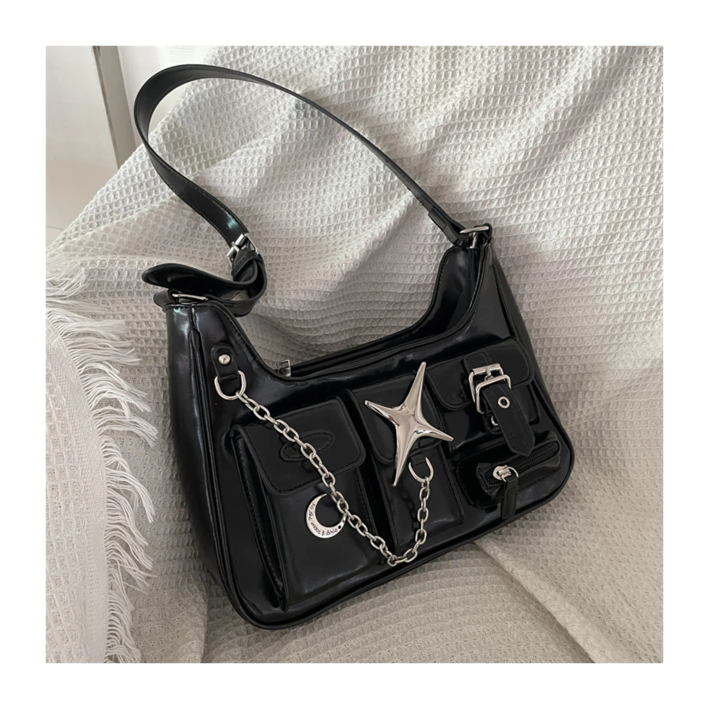 INGVN  Y2k Women Shoulder Bag Harajuku Fashion Gothic Casual Black Chains Handbag Hot Girls Pu Leather Ladies Motorcycle Bag