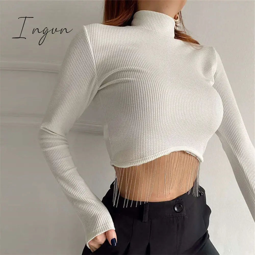 Ingvn - Loose Rhinestone Women Crop Top 2023 Spring Long Sleeve O-neck Tassel Hem Female T-shirt Casual Chic Streetwear Lady Tshirt