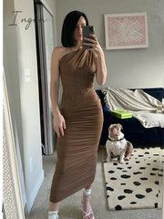 Ingvn - Summer Midi Mesh Dress Bodycon One Shoulder Draped Dress Women Night Party Dress Elegant Vestidos Stretchy High Quality