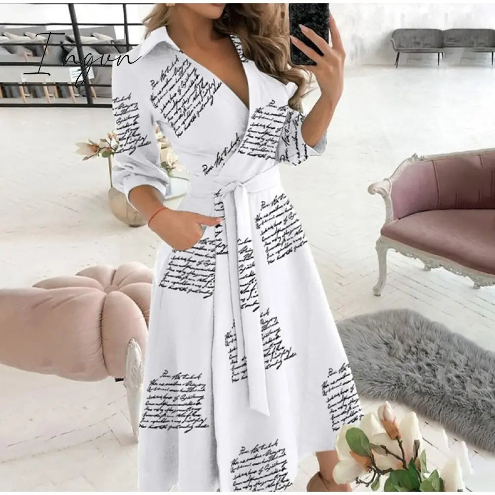 Ingvn - v neck long sleeve spring summer printed dress