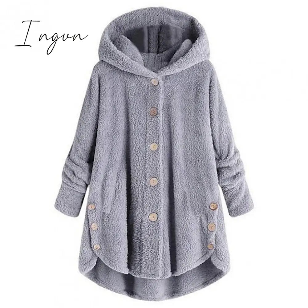 Ingvn - Women's Fleece Jacket Pullover Sherpa Fleece Teddy Button Front Pocket claret turmeric Black Solid Color Street Hoodie Plus Size Long Sleeve Fleece