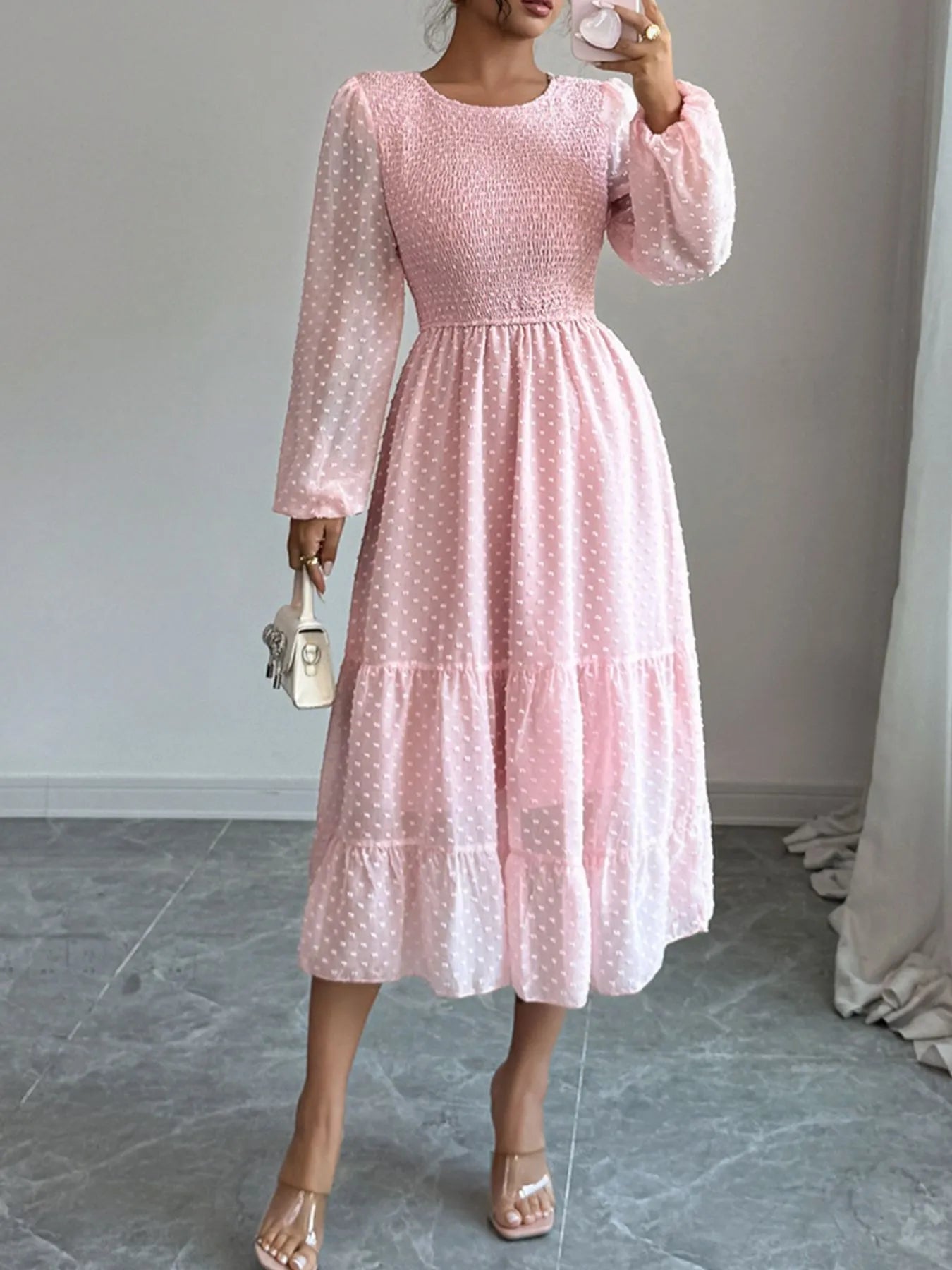 Polka Dot Long Sleeve Tiered Midi Dress